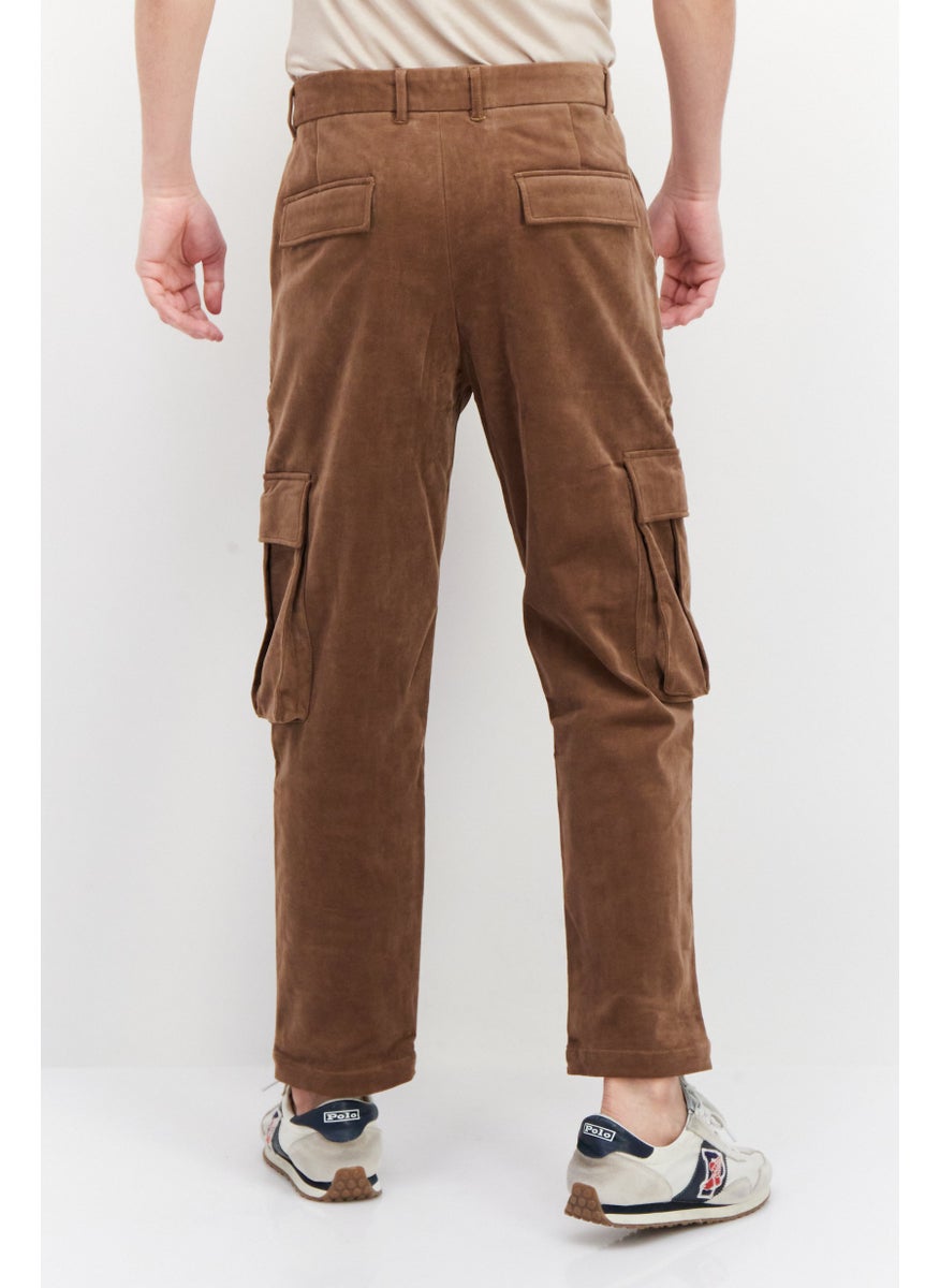 Men Tapered Fit Textured Cargo Pants, Brown