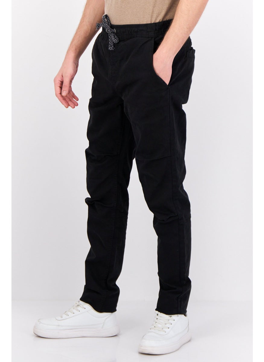 Men Regular Fit Solid Drawstring Chino Pants, Black