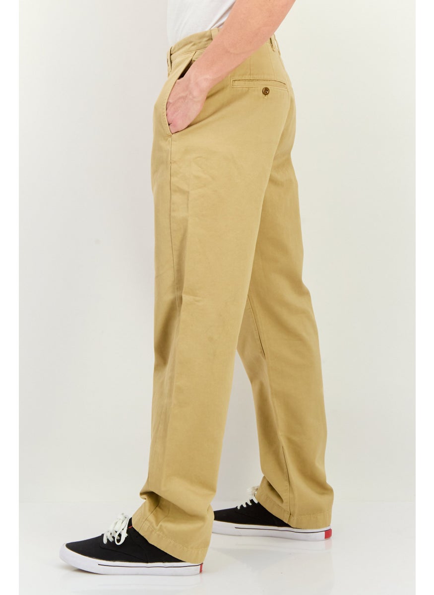 Men Regular Fit Plain Straight Twill Chino Pants, Khaki