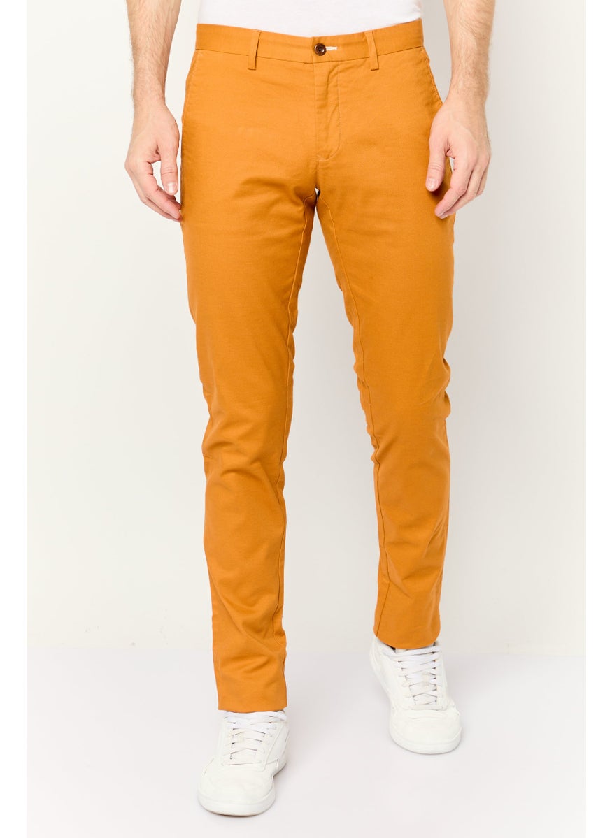 Men Regular Fit Solid Chino Pants, Dark Mustard Orange