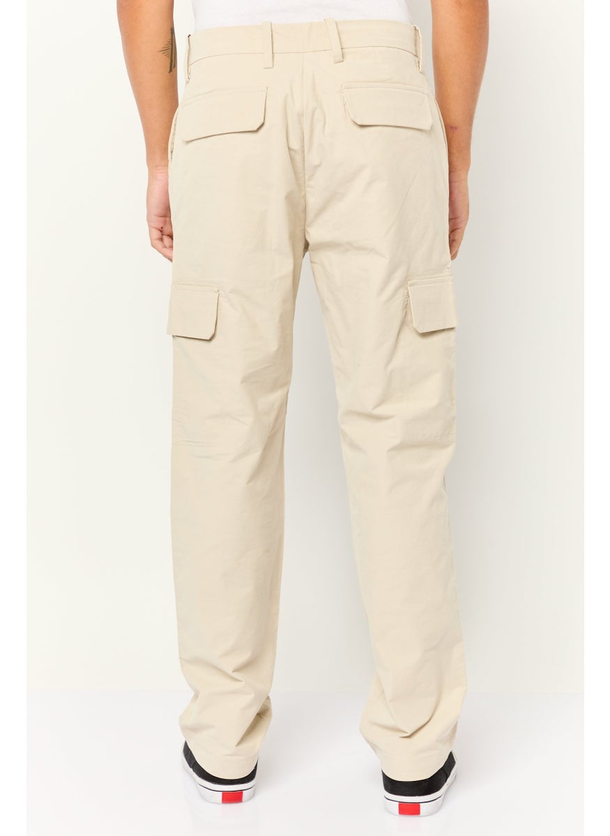 Men Straight Fit Solid Cargo Pants, Beige