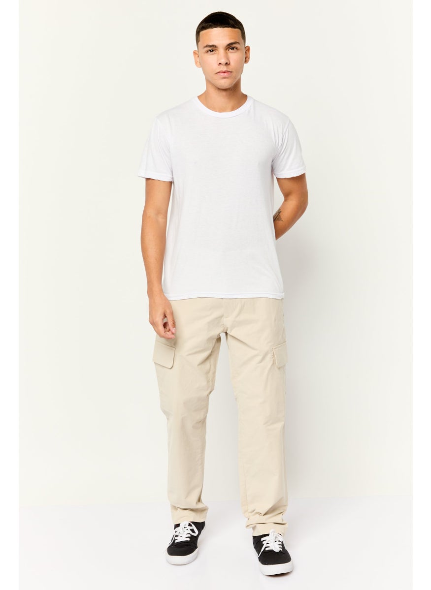 Men Straight Fit Solid Cargo Pants, Beige