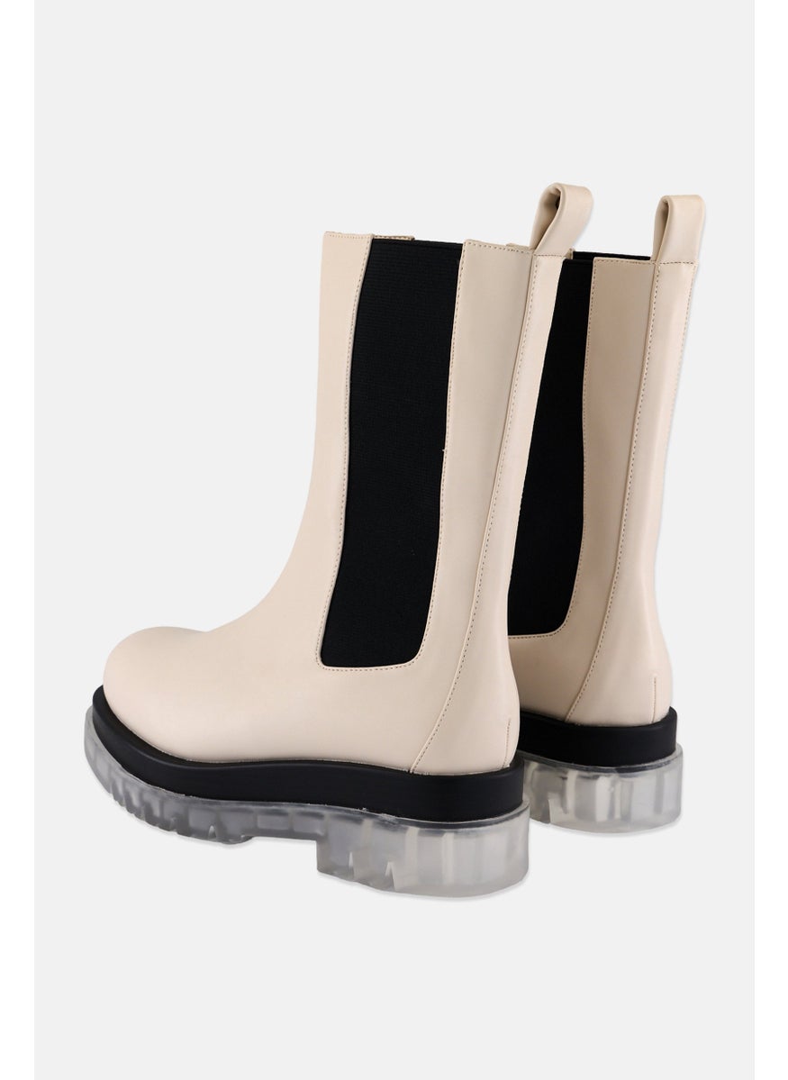 Women Broad Slip On Ankle Boots, Off White