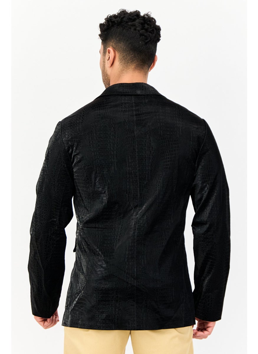 Men Oversized Textured Semi Formal Blazer, Black