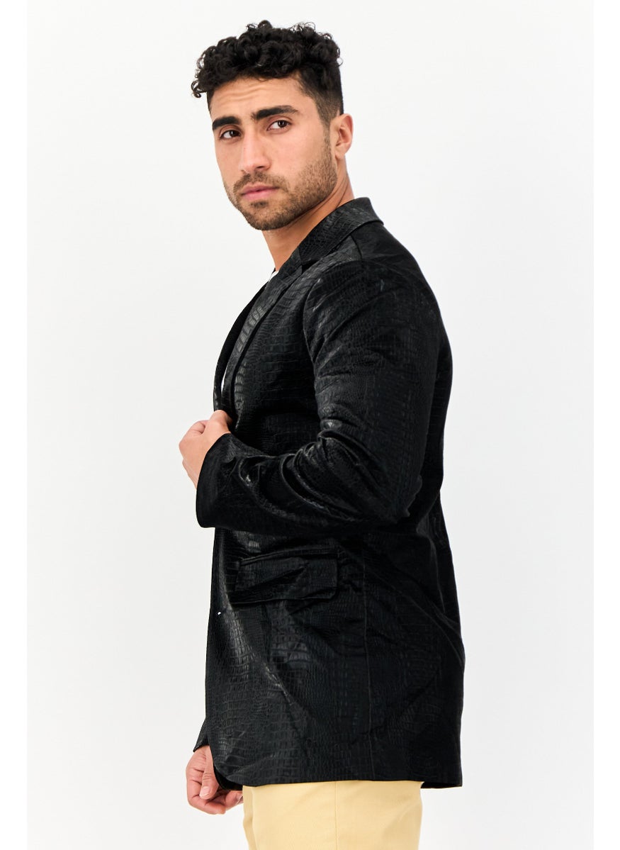 Men Oversized Textured Semi Formal Blazer, Black