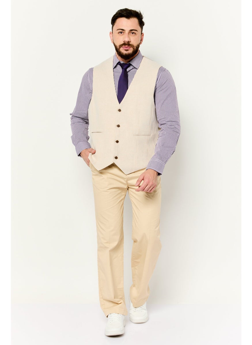 Men Textured Sleeveless Blazer Vest, Beige