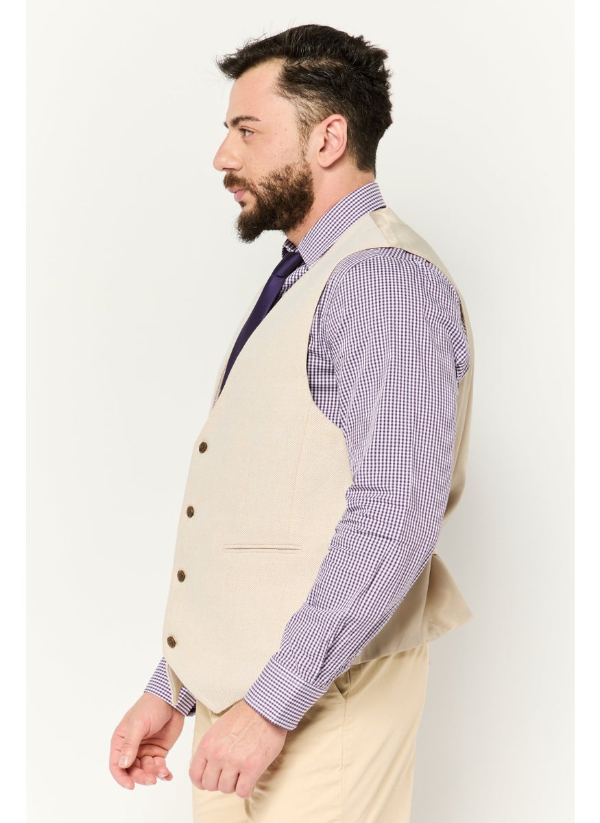 Men Textured Sleeveless Blazer Vest, Beige