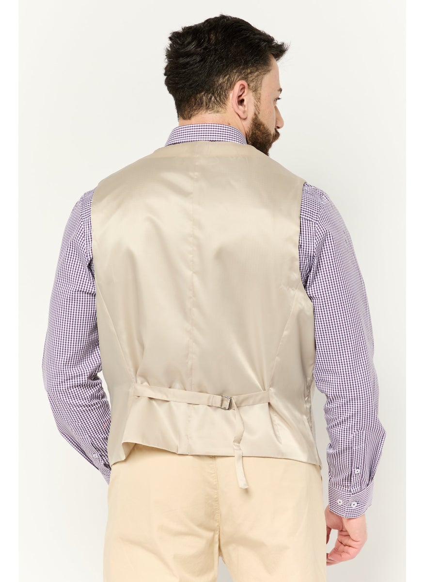 Men Textured Sleeveless Blazer Vest, Beige