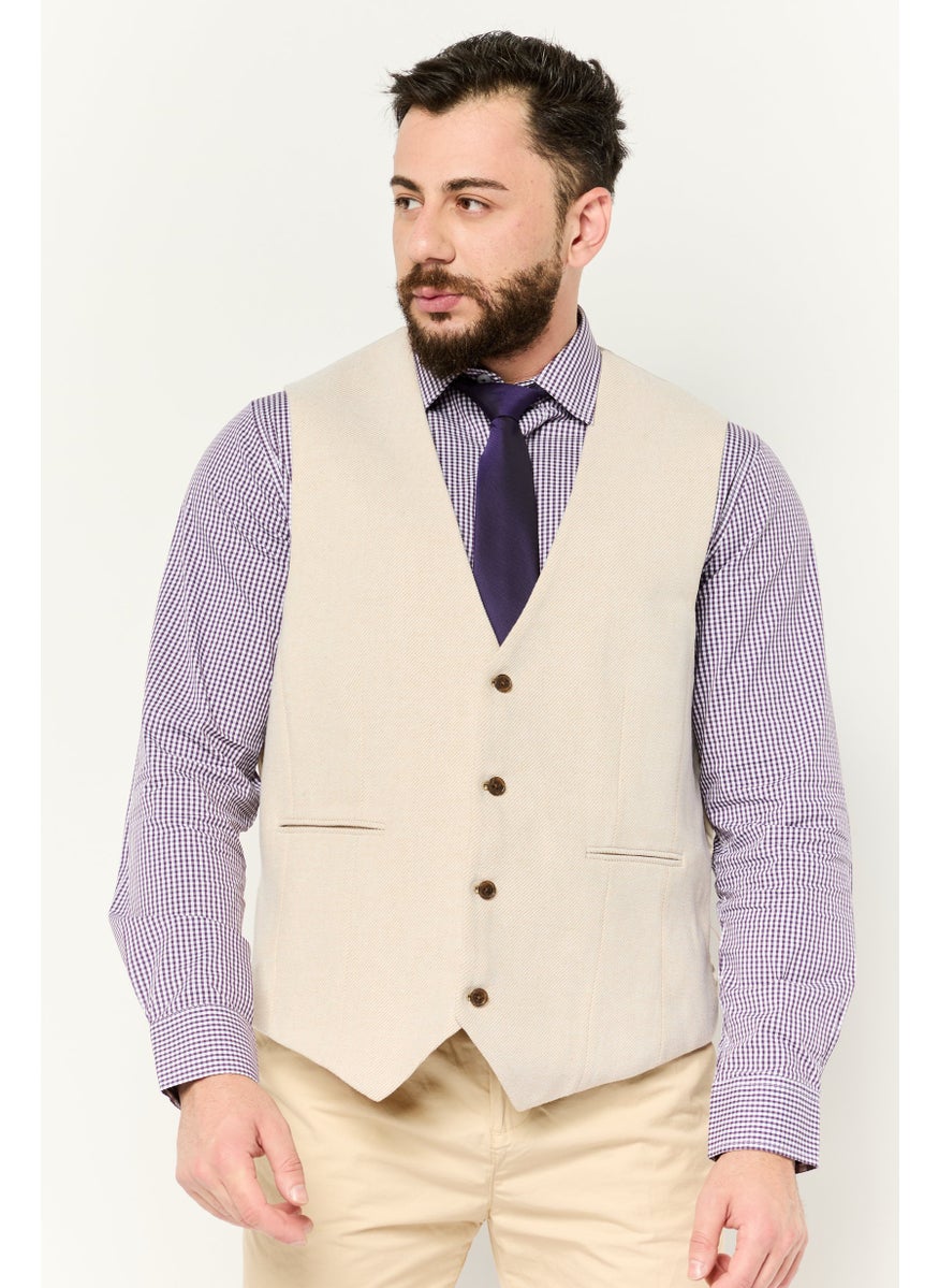 Men Textured Sleeveless Blazer Vest, Beige