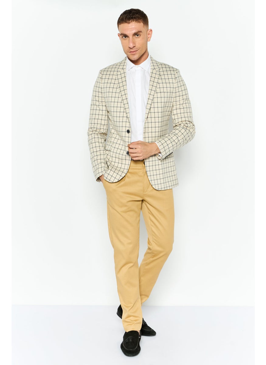 Men Regular Fit Plaid Semi-Formal Suit Jacket, Beige