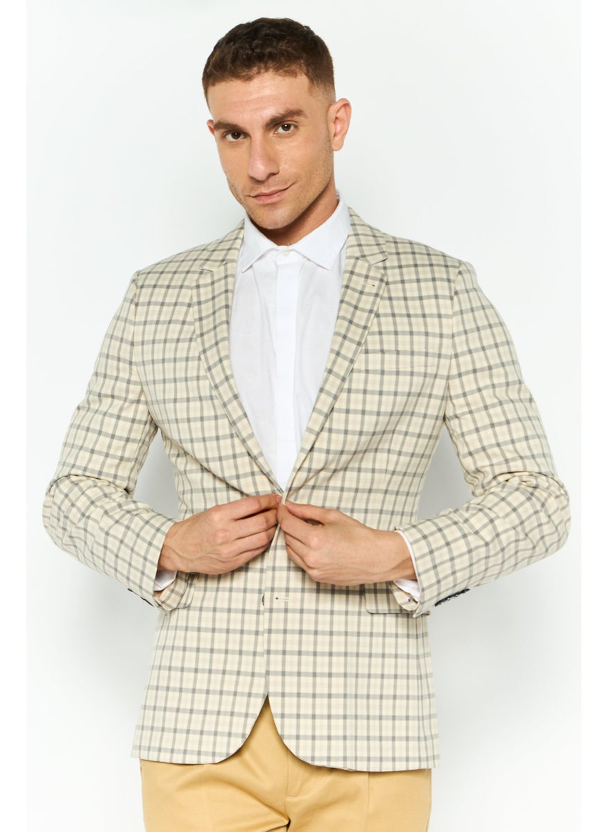 Men Regular Fit Plaid Semi-Formal Suit Jacket, Beige