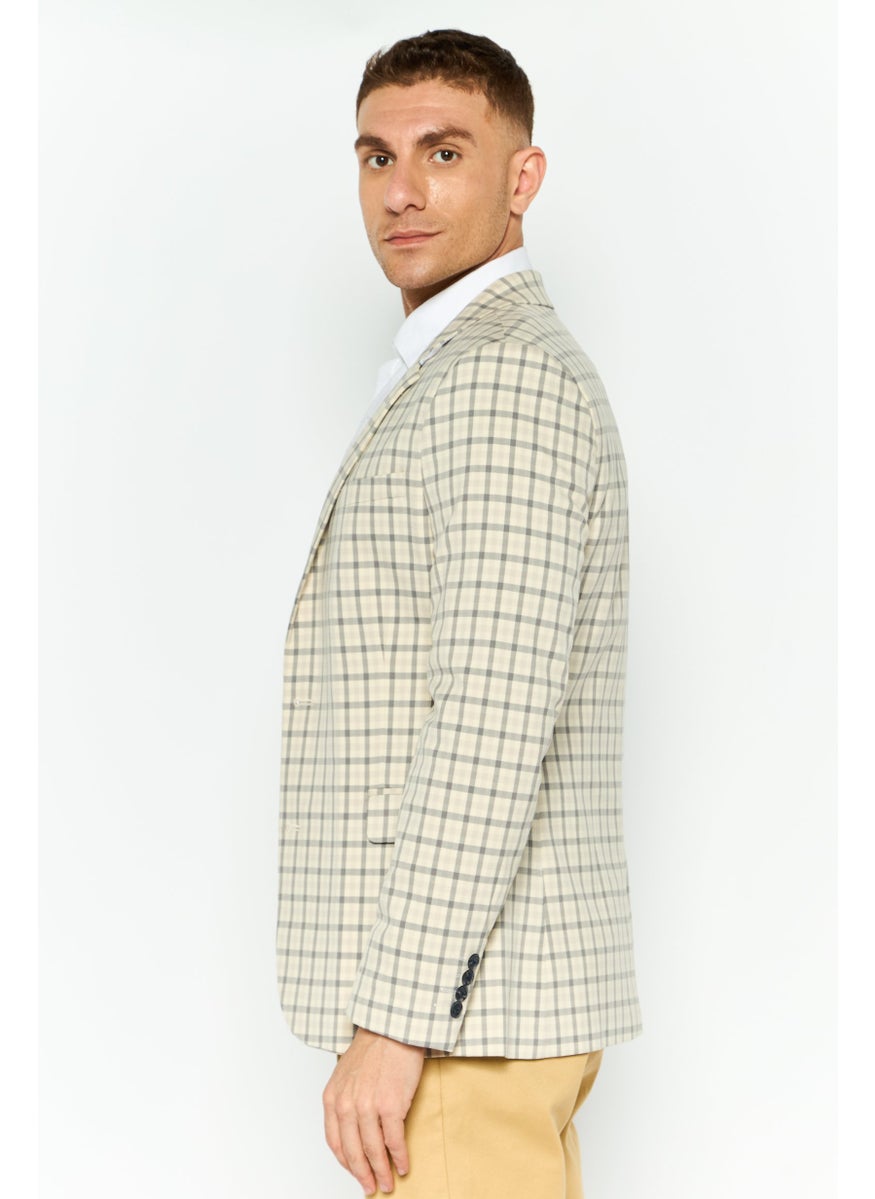 Men Regular Fit Plaid Semi-Formal Suit Jacket, Beige