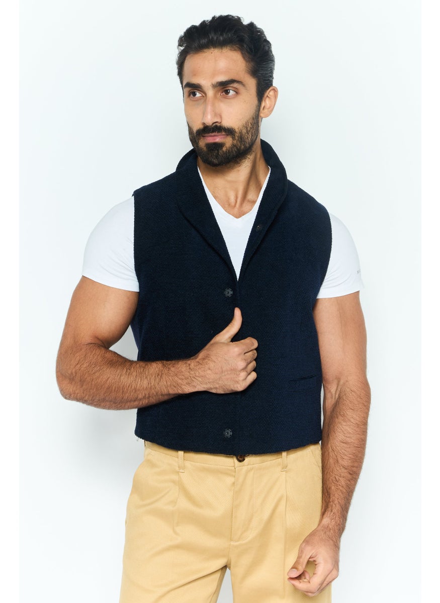 Men Regular Fit Textured Sleeveless Waistcoat, Navy