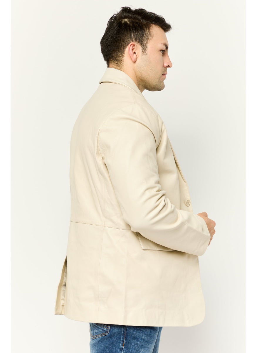 Men Regular Fit Plain Semi-Formal Blazer, Cream