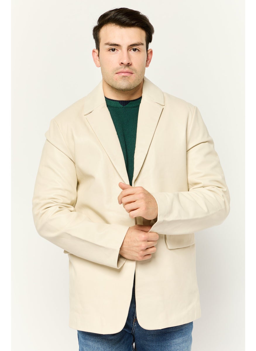 Men Regular Fit Plain Semi-Formal Blazer, Cream