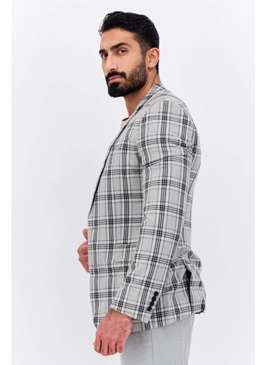 Men Skinny Fit Checkered Semi Formal Blazer, Grey