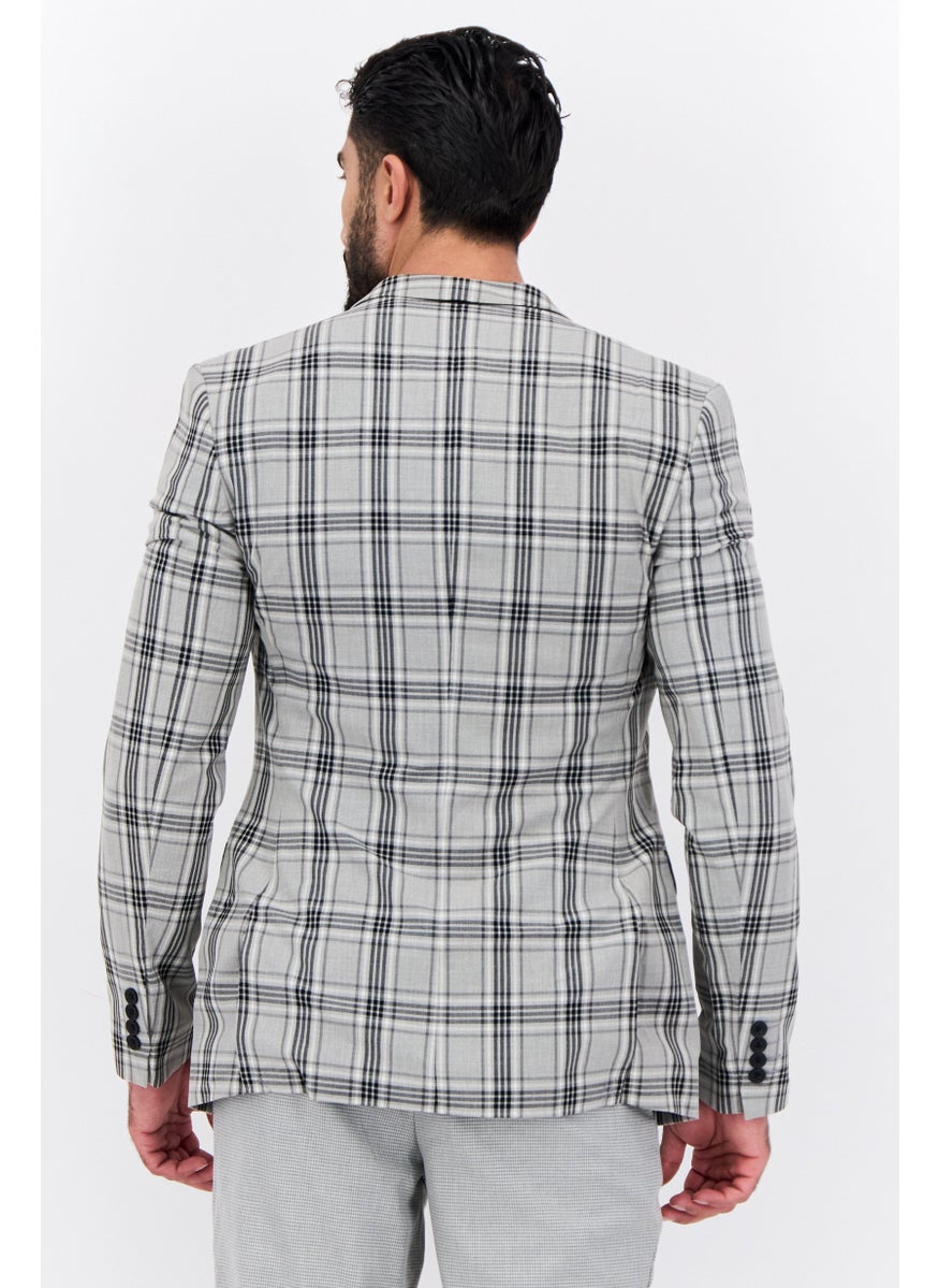 Men Skinny Fit Checkered Semi Formal Blazer, Grey
