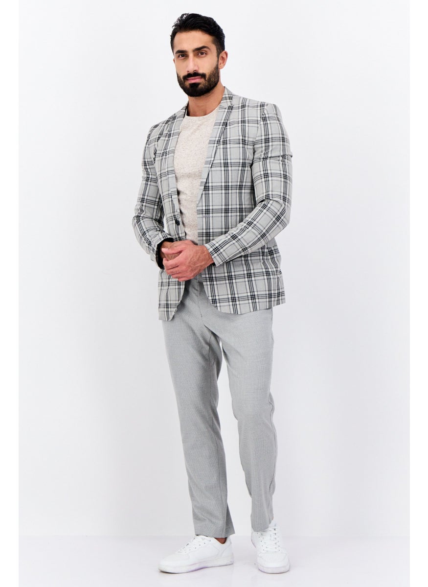 Men Skinny Fit Checkered Semi Formal Blazer, Grey