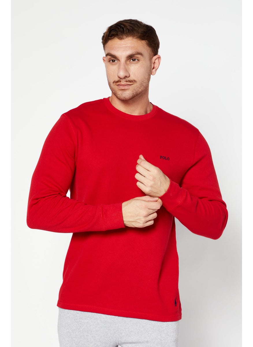 Men Crew Neck Embordered Logo Sleepwear Sweatshirts, Red