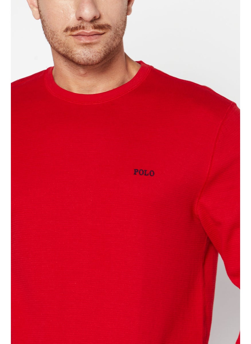 Men Crew Neck Embordered Logo Sleepwear Sweatshirts, Red