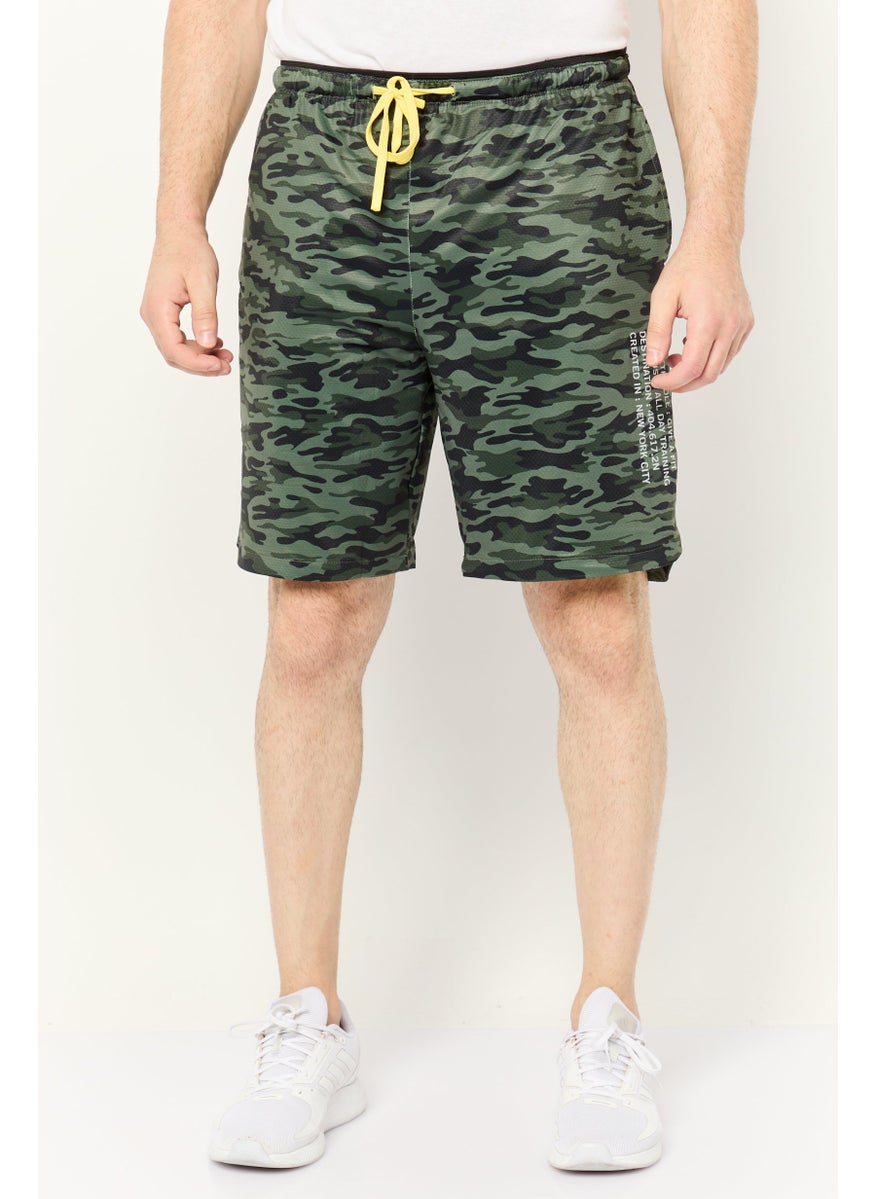 Men Drawstring All Over Print Basic Shorts, Olive