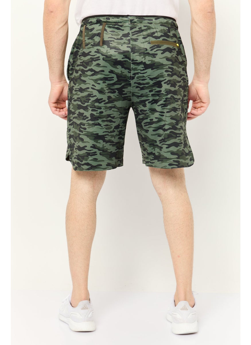 Men Drawstring All Over Print Basic Shorts, Olive