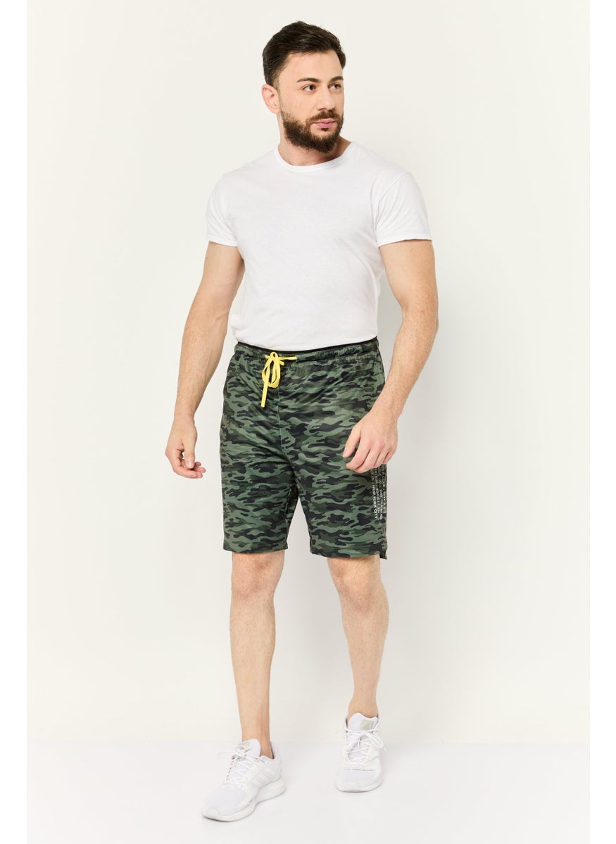 Men Drawstring All Over Print Basic Shorts, Olive
