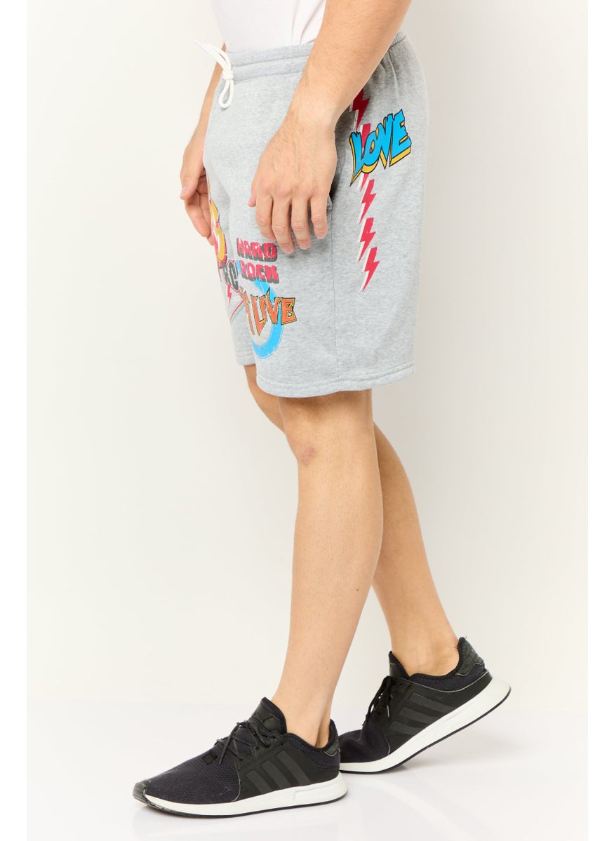 Men Regular Fit 8 Inseam Graphic Print Fleece Shorts, Heather Grey