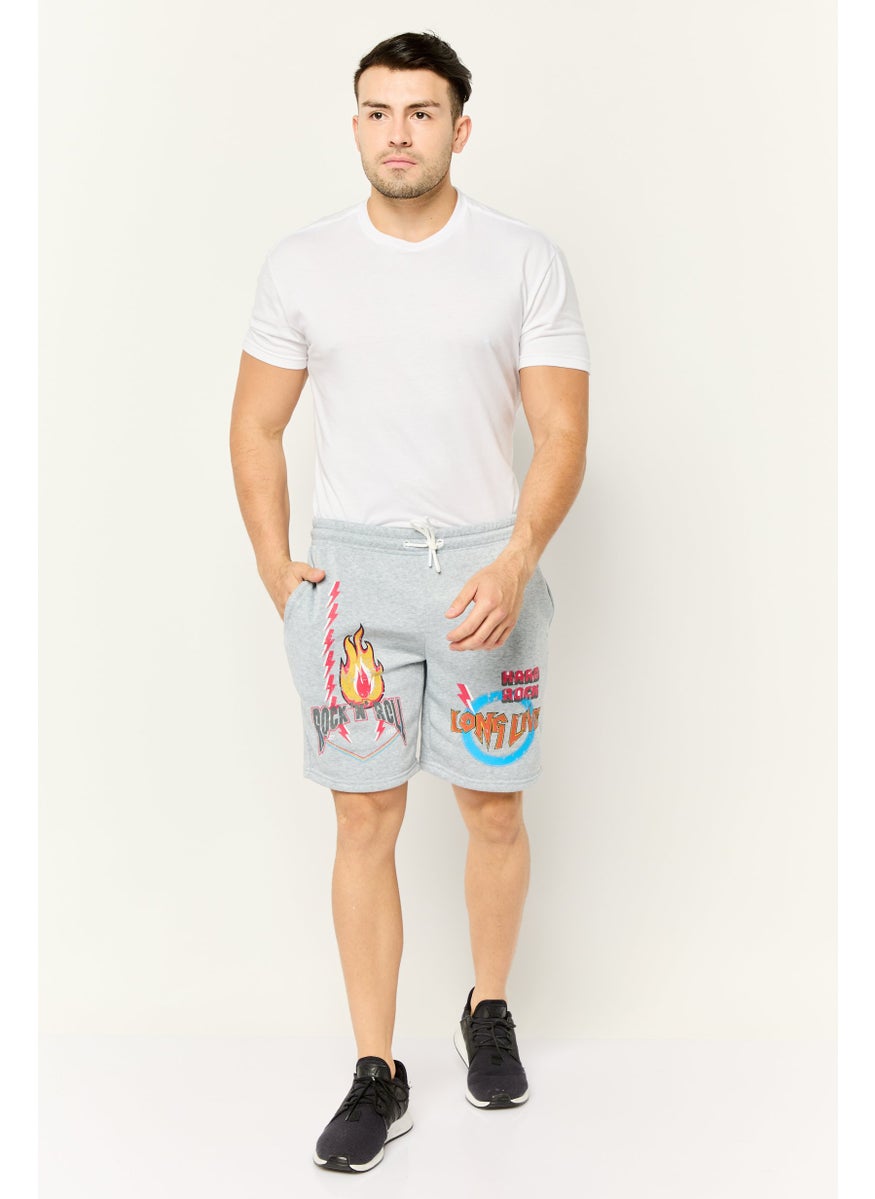 Men Regular Fit 8 Inseam Graphic Print Fleece Shorts, Heather Grey