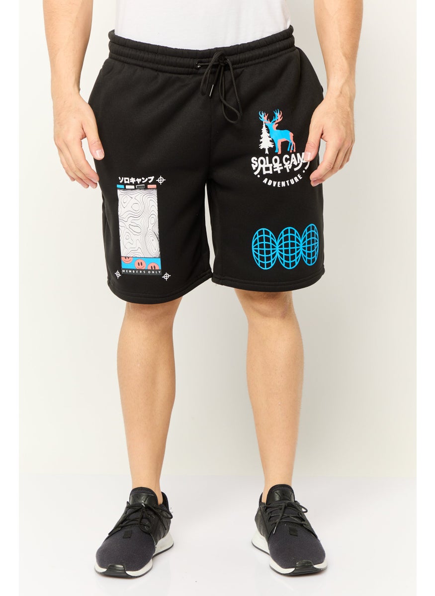 Men Graphic Drawstring Basic Shorts, Black