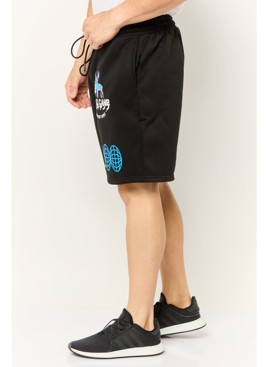 Men Graphic Drawstring Basic Shorts, Black