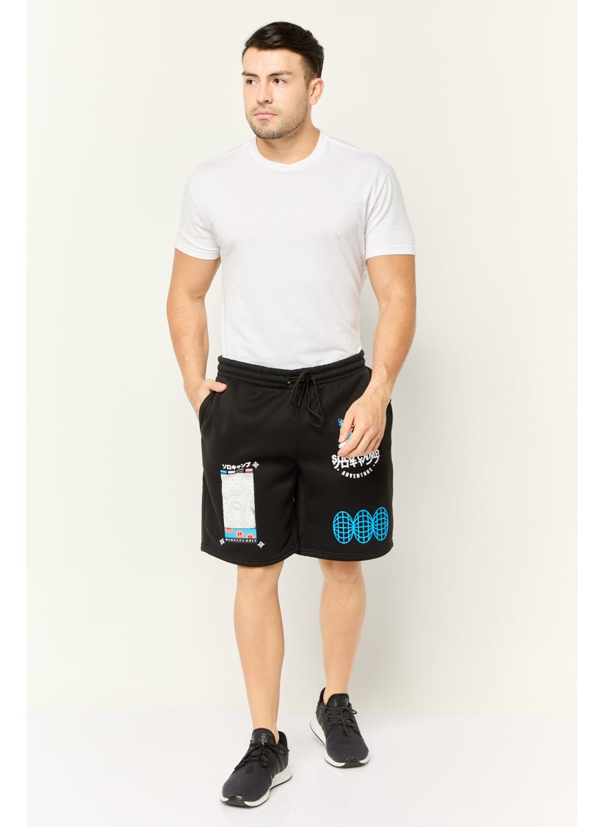 Men Graphic Drawstring Basic Shorts, Black