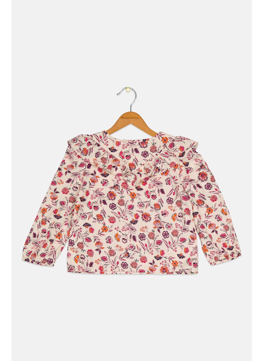 Kids Girl Round Neck Floral Pattern Long Sleeve Top, Cream