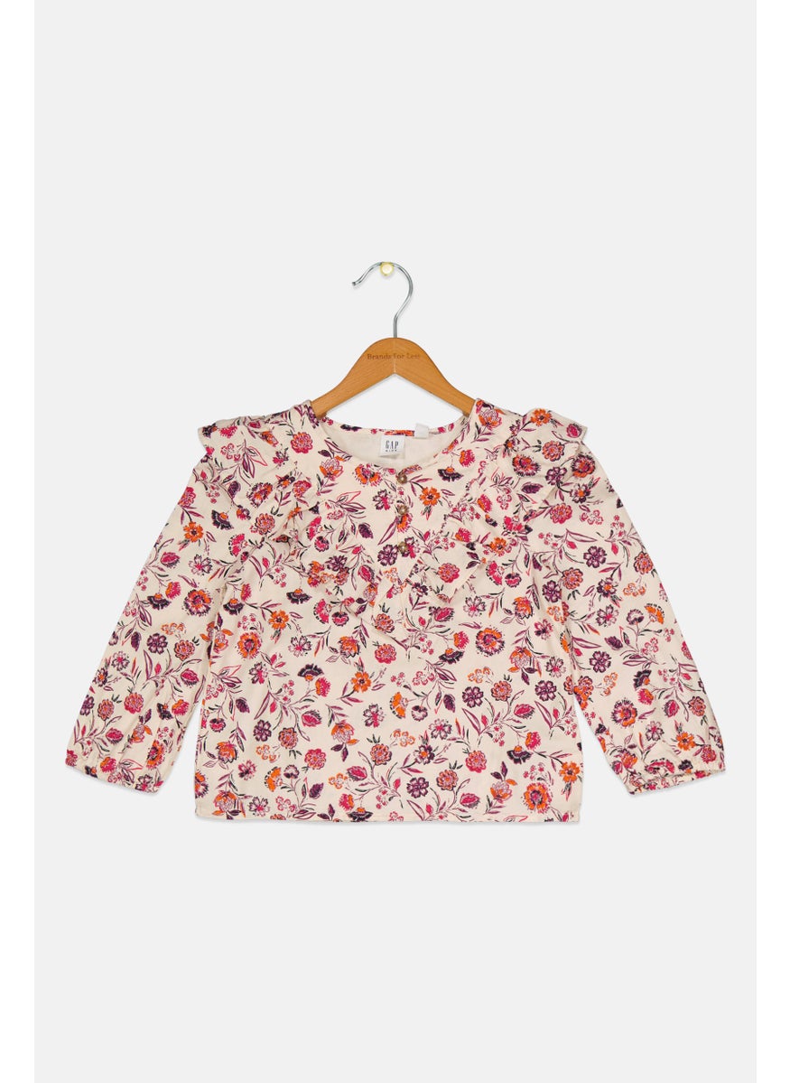 Kids Girl Round Neck Floral Pattern Long Sleeve Top, Cream