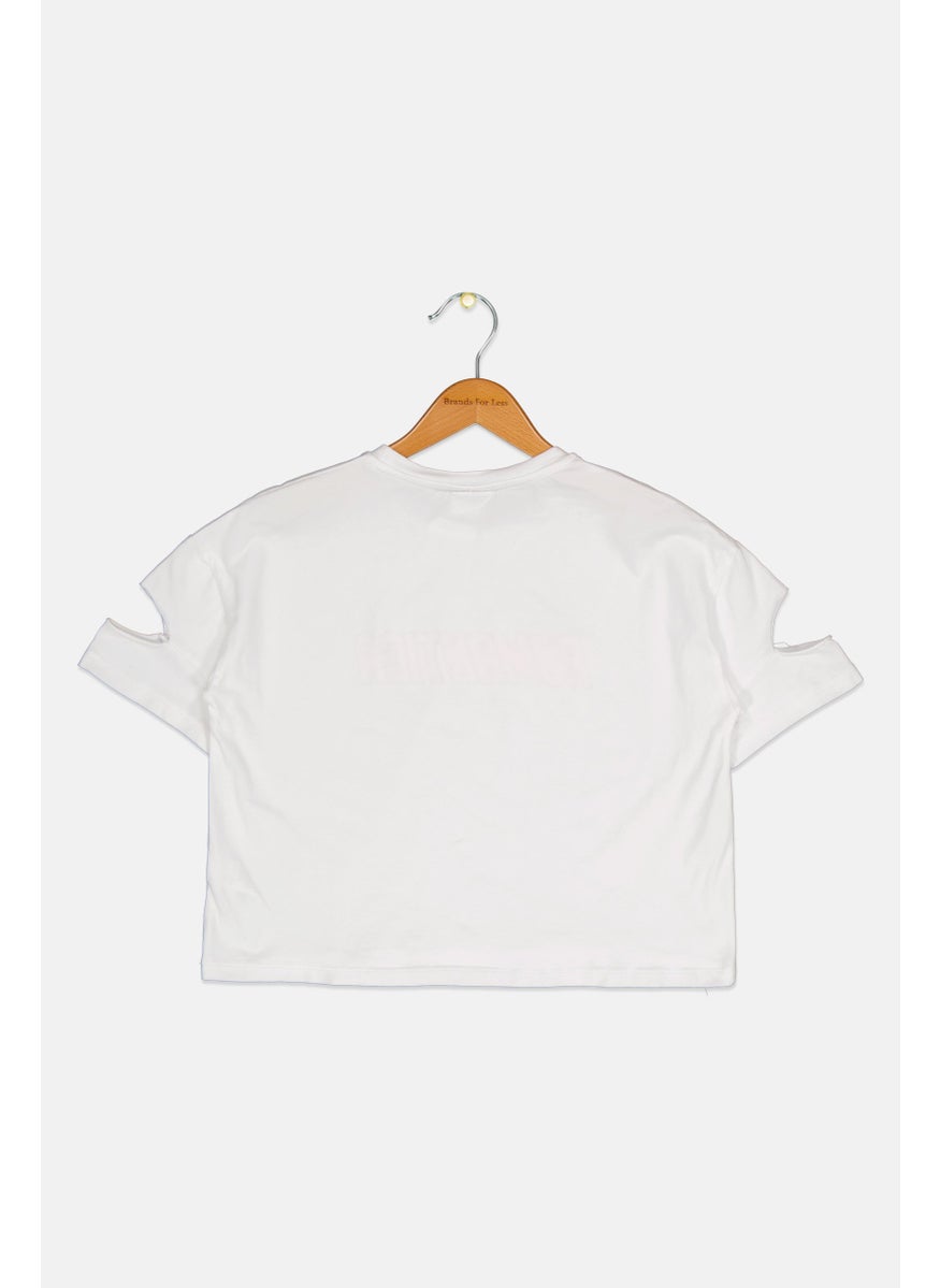 Kids Girl Crew Neck Cold Shoulder Graphic Print T-Shirt, White