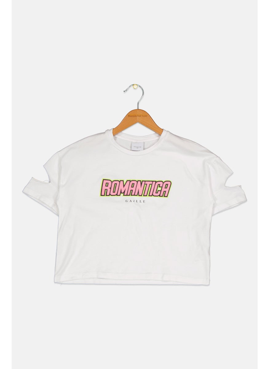 Kids Girl Crew Neck Cold Shoulder Graphic Print T-Shirt, White