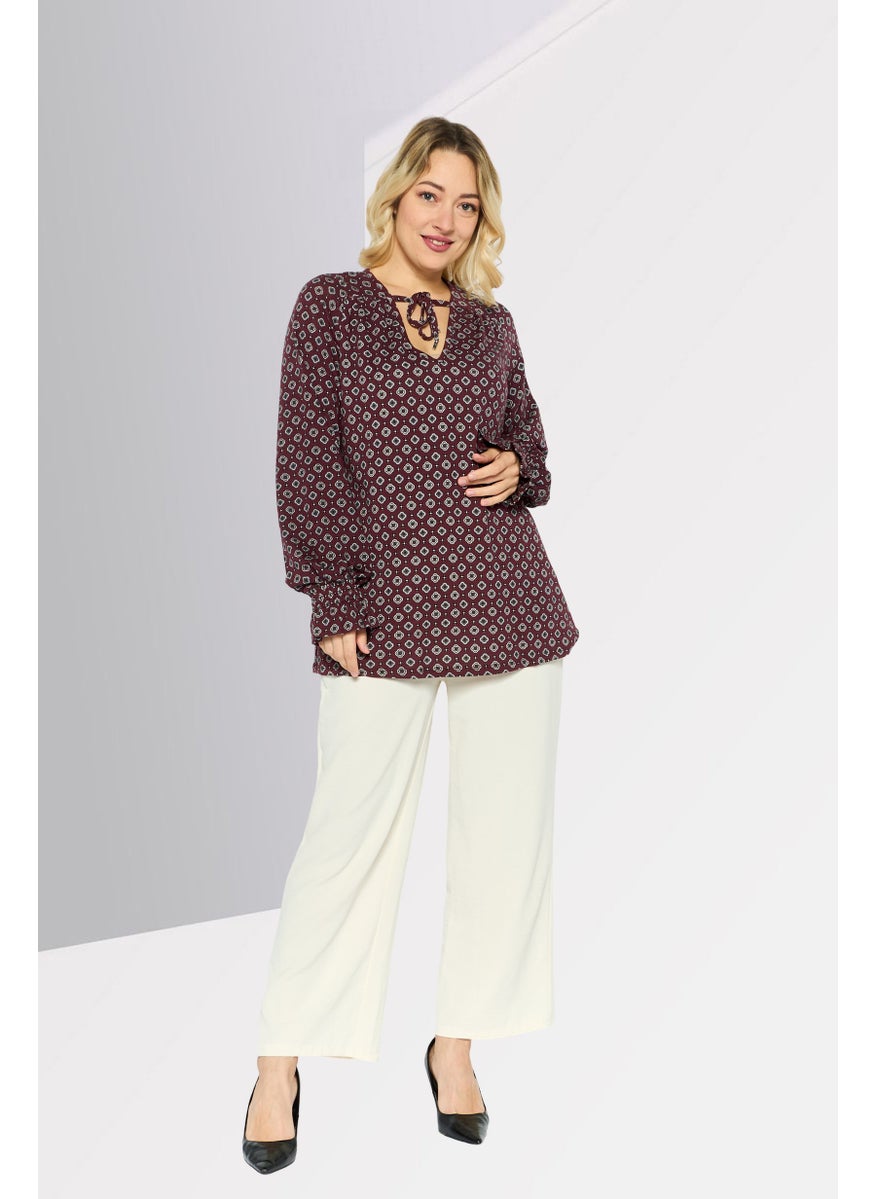 Women V- Neck Long Sleeves All Over Print Blouse, Maroon