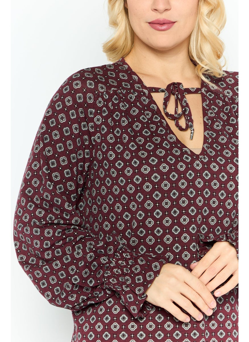 Women V- Neck Long Sleeves All Over Print Blouse, Maroon