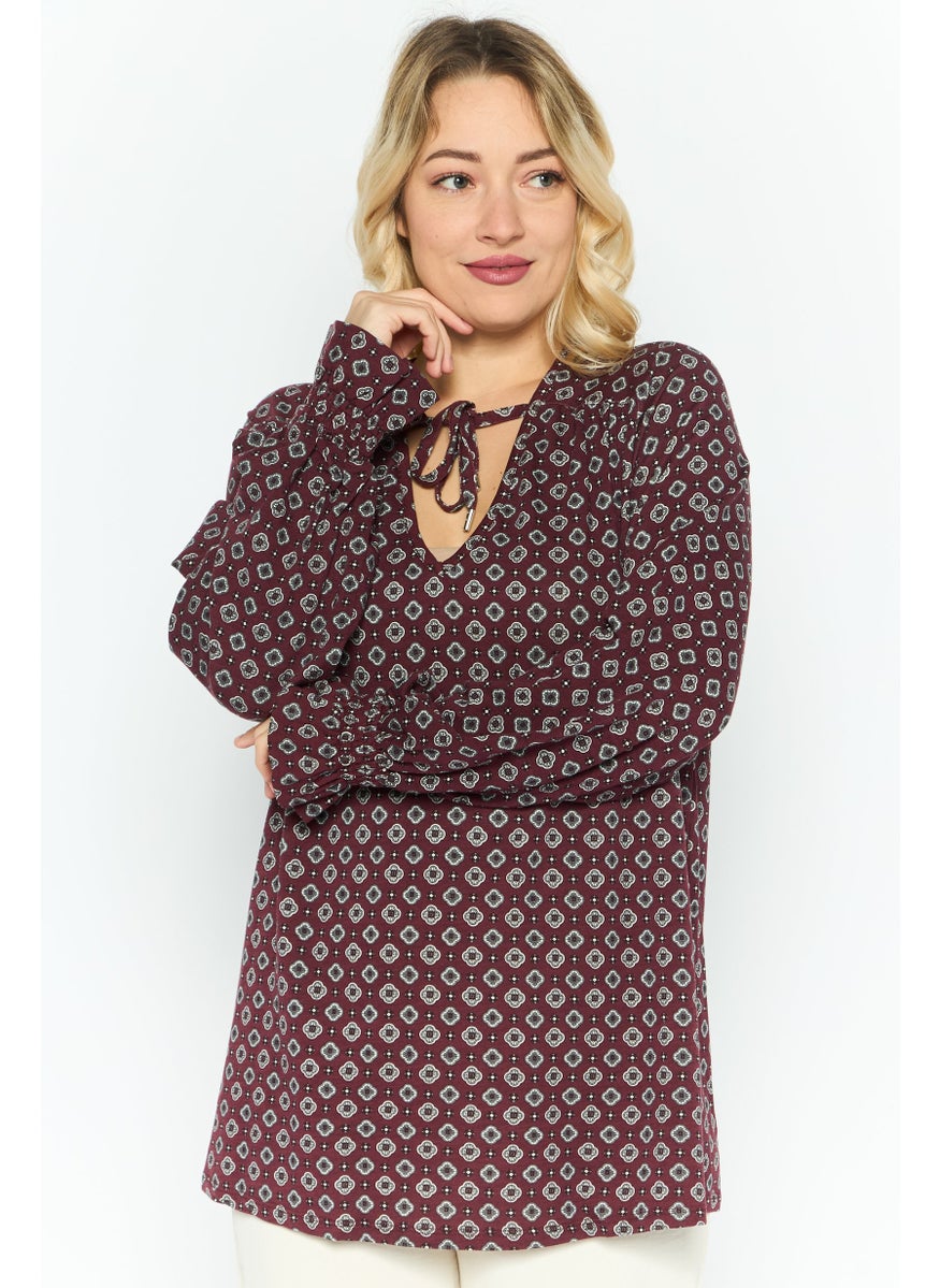 Women V- Neck Long Sleeves All Over Print Blouse, Maroon