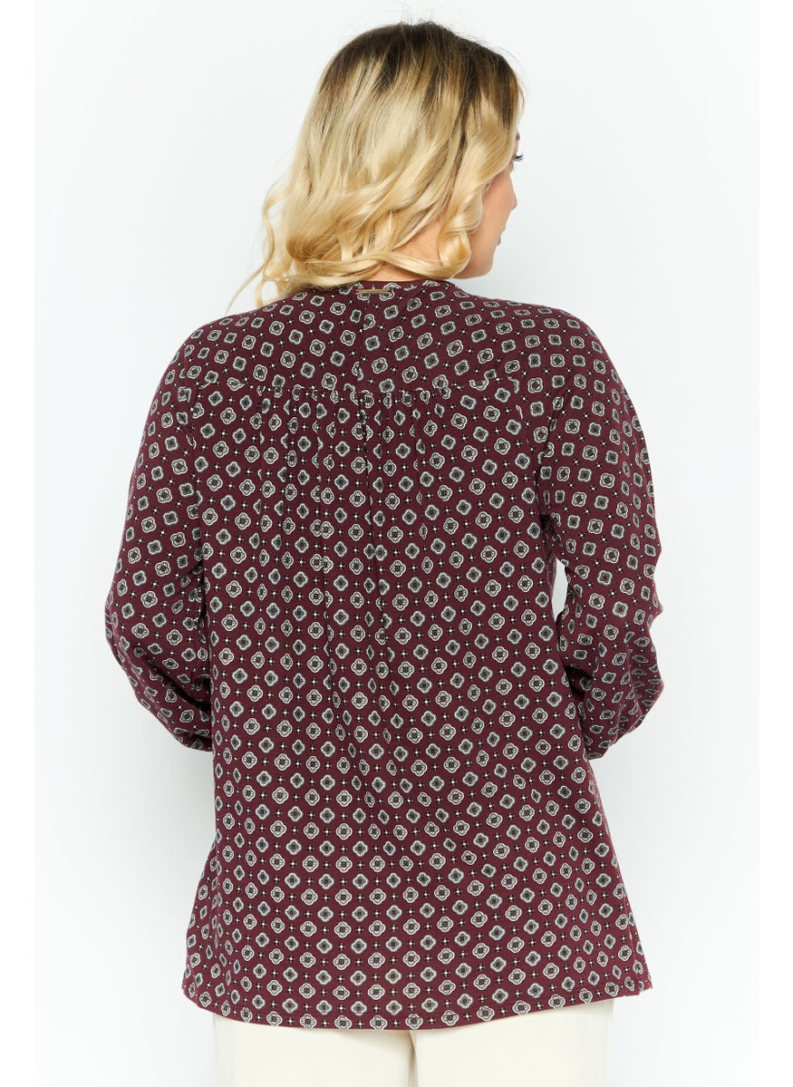 Women V- Neck Long Sleeves All Over Print Blouse, Maroon