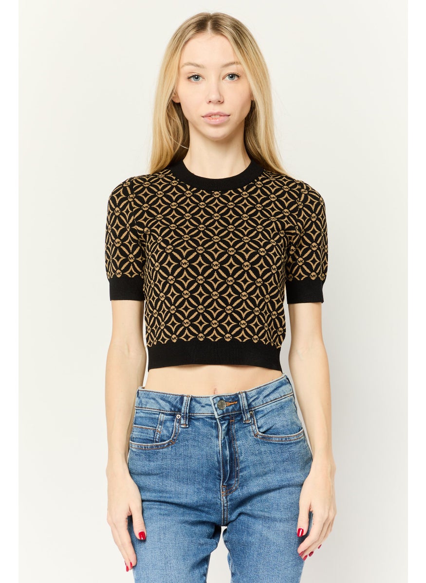 Women Crew Neck Short Sleeves Allover Print Tops, Multicolor