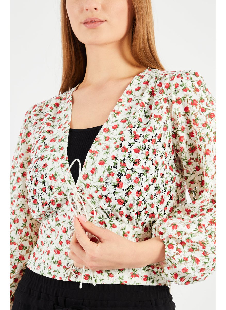 Women V- Neck Puffed Sleeves Allover Print Top, White