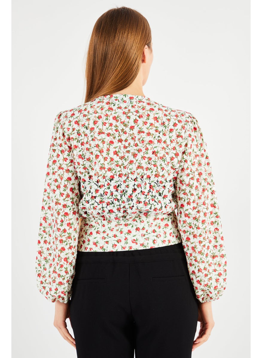 Women V- Neck Puffed Sleeves Allover Print Top, White