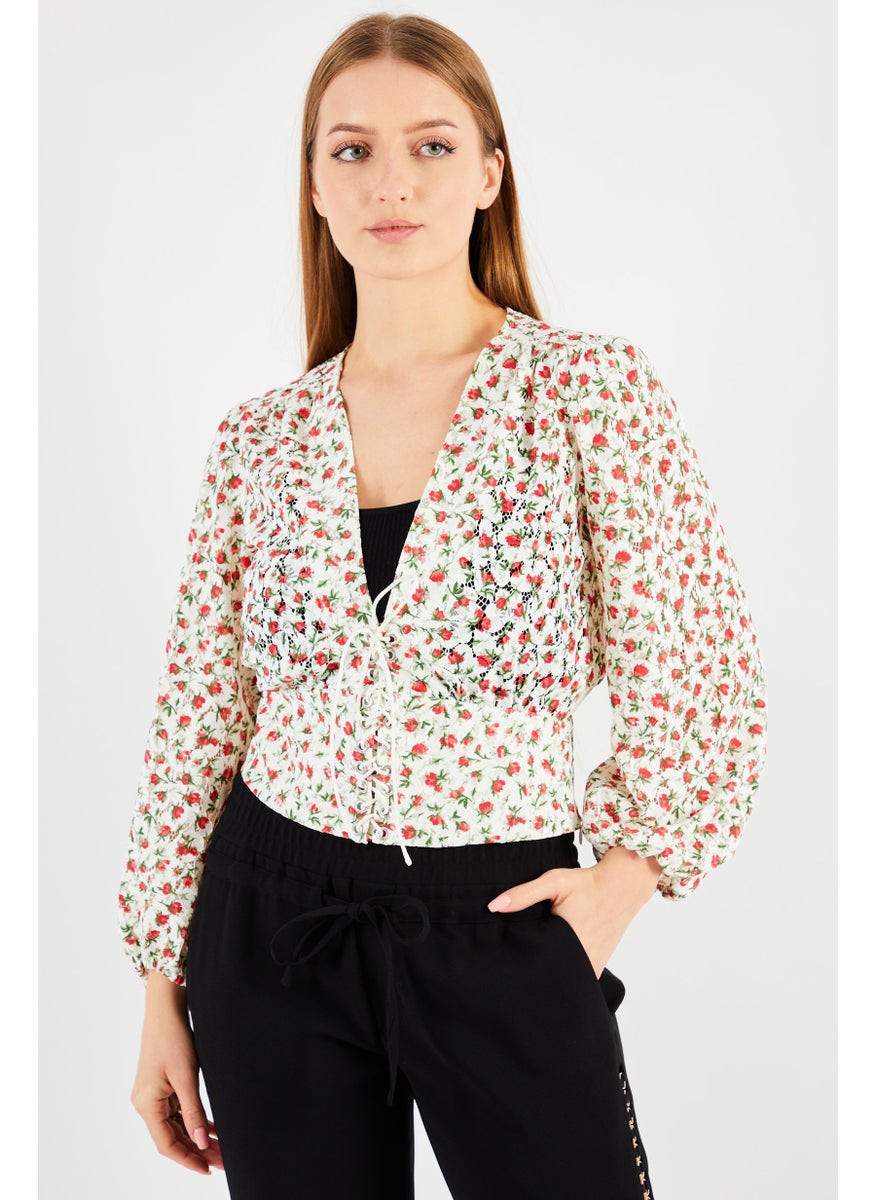 Women V- Neck Puffed Sleeves Allover Print Top, White