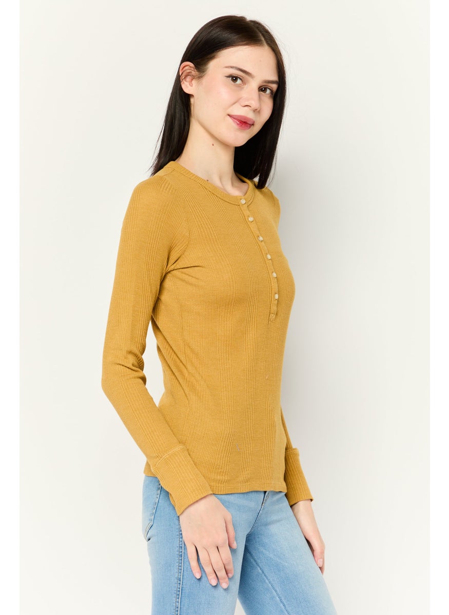 Women Round Neck Long Sleeves Plain Top, Mustard