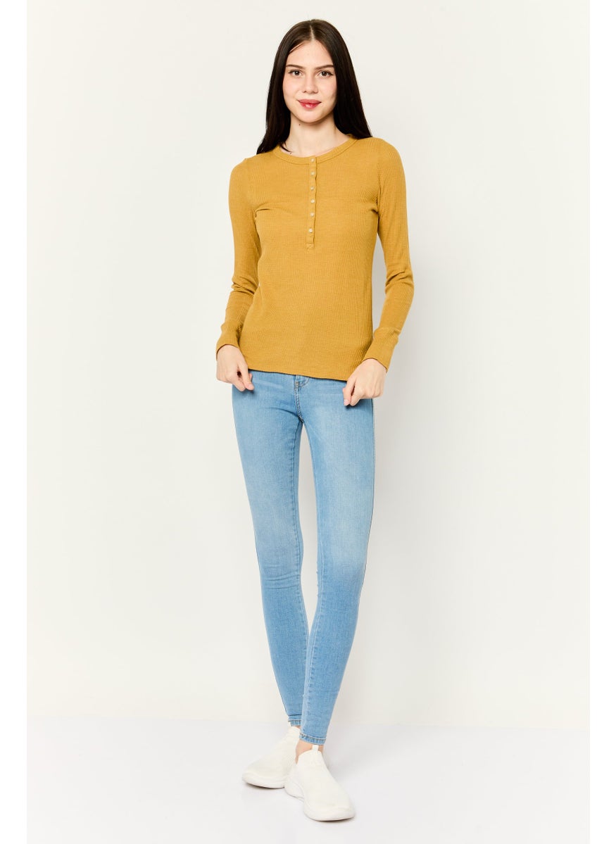Women Round Neck Long Sleeves Plain Top, Mustard