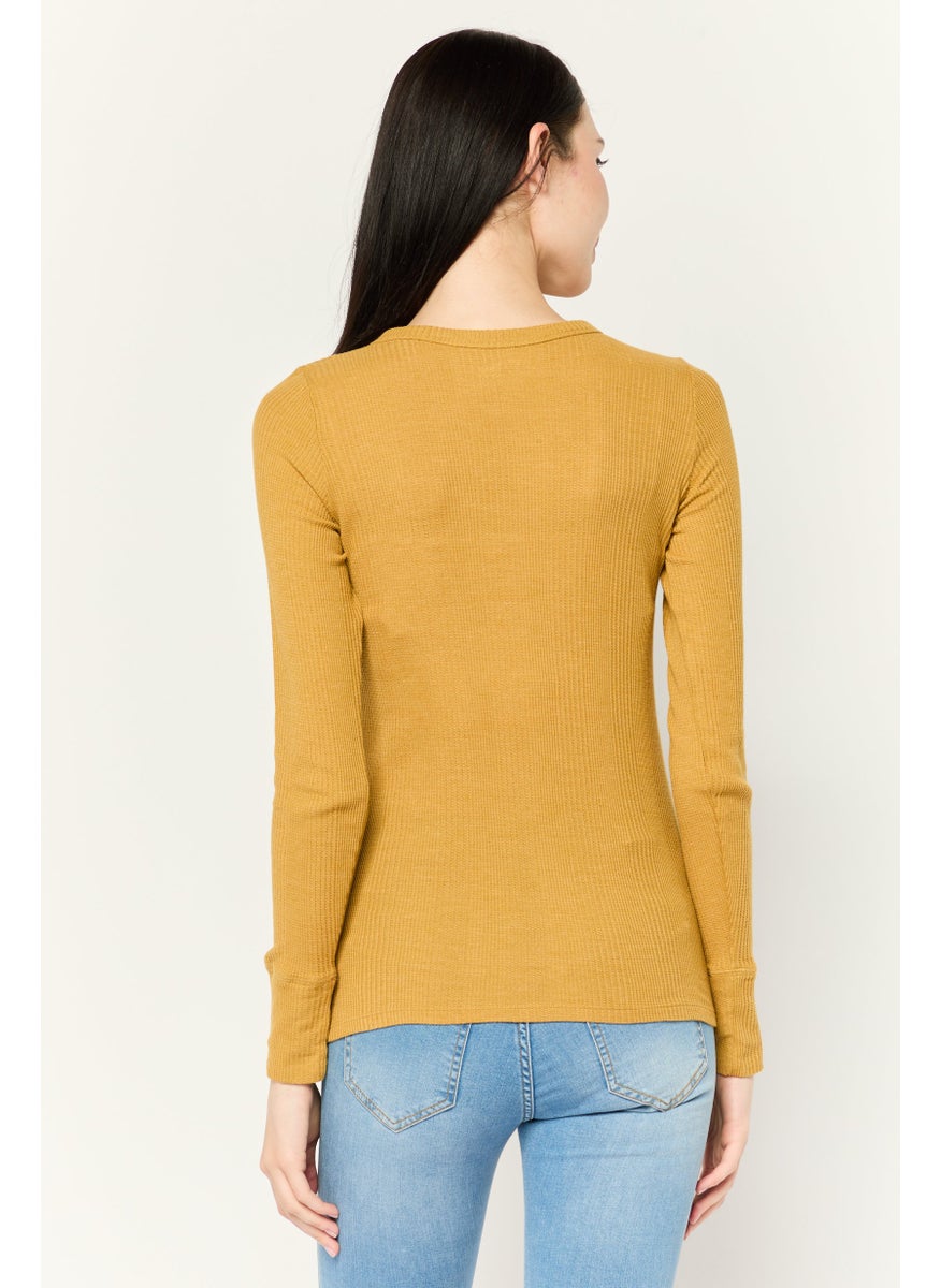 Women Round Neck Long Sleeves Plain Top, Mustard