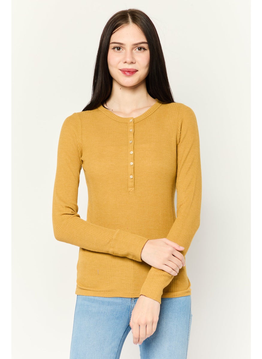 Women Round Neck Long Sleeves Plain Top, Mustard