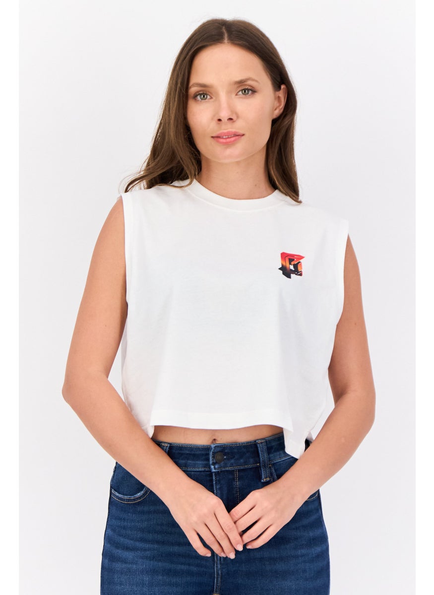 Women Crew Neck Graphic Print Tank Top, White
