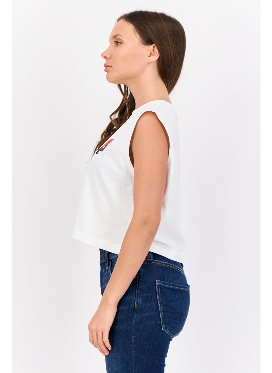 Women Crew Neck Graphic Print Tank Top, White